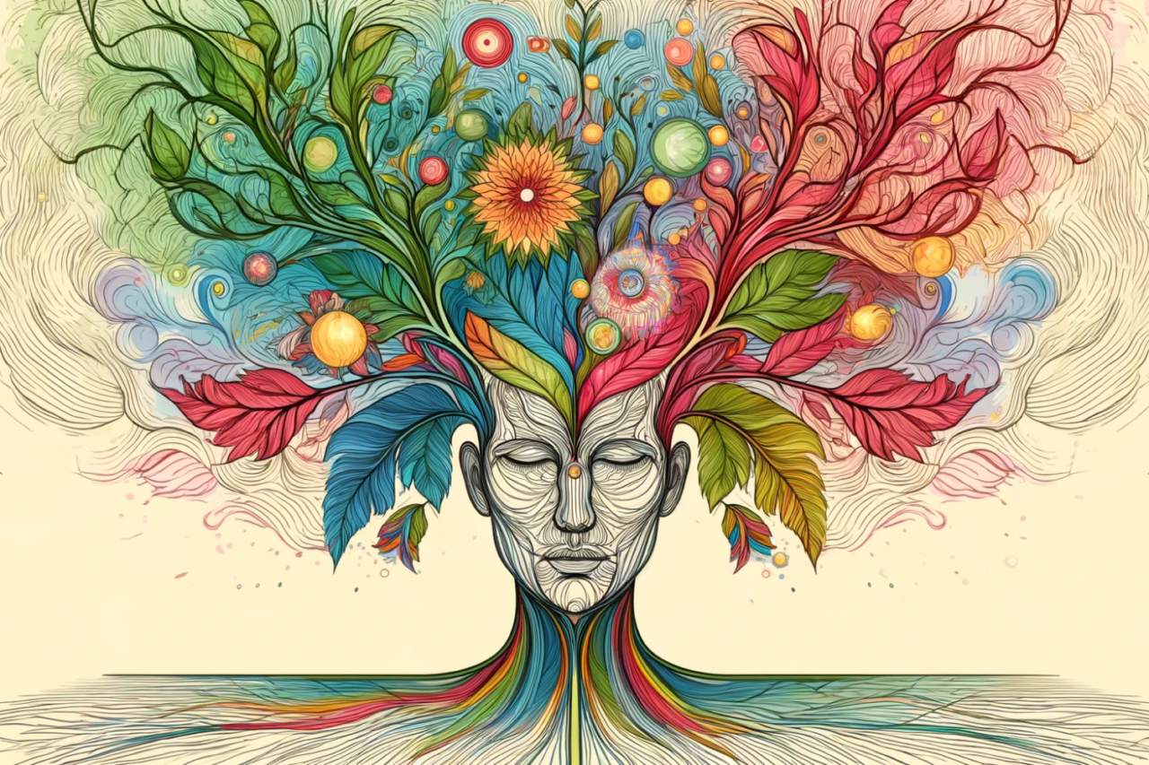 A colorful line art illustration of a human face merging with a tree, featuring intricate patterns and vibrant flowers, leaves, and glowing orbs.